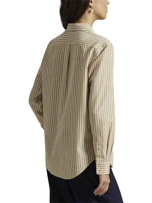 camicia donna in lino e cotone over a righe beige e bianco Ralph Lauren | 211971514501